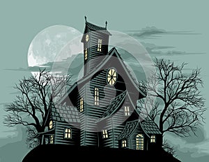 Creepy haunted ghost house scene illustration