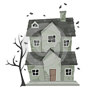 Creepy Haunted House or castle mansion Abandoned home with ghost and bat for halloween concept illustration