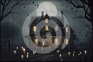 A creepy house with candles in front of it. AI generative image.