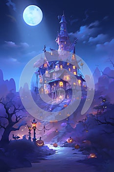 Creepy house in the moonlight with Jack-o-lanterns, halloween background
