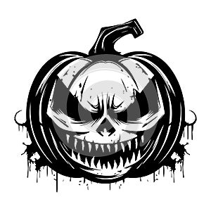 Creepy Jack O Lantern pumpkin black silhouette. Halloween retro vector illustration in grunge style. Black outline art.