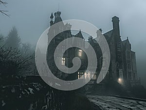 A creepy looking castle with a clock tower