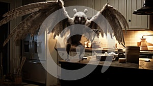 Creepy Mothman Ghost In Kitchen: Darkly Comedic Matte Painting