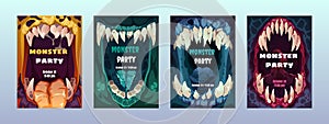 Creepy mouth posters. Cute scary monster lips teeth, colorful comic alien characters emotion for Halloween party