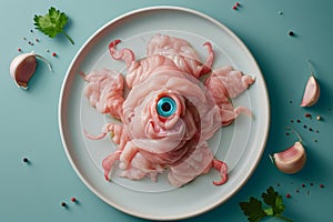 Creepy octopus-like creature made of raw chicken