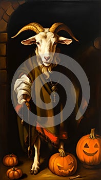 Creepy old white goat missing a paw halloween style