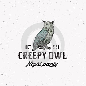 Creepy Owl Night Party Vintage Style Halloween Logo or Label Template. Colored Hand Drawn Bird Sketch Symbol with Retro