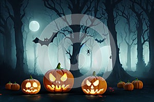 Creepy pumpkin jack o lanterns on a dark night with a full moon. Halloween background. Creepy mystical forest