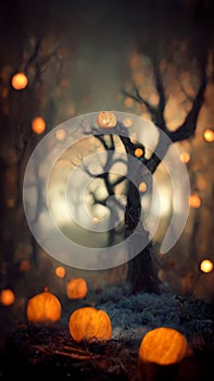 Creepy pumpkins in the night forest. Halloween celebration background