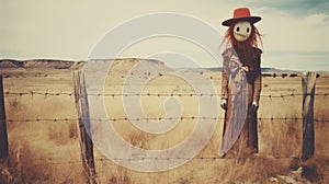Creepy red hair scarecrow with horribly ugly face in abandoned ghost town - generative AI