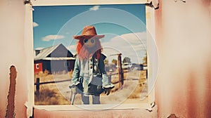 Creepy red hair scarecrow with horribly ugly face in abandoned ghost town - generative AI