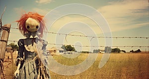 Creepy red hair scarecrow with horribly ugly face in abandoned ghost town - generative AI