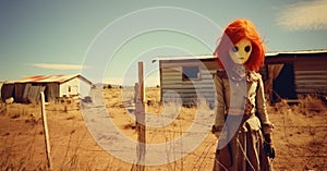 Creepy red hair scarecrow with horribly ugly face in abandoned ghost town - generative AI