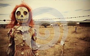 Creepy red hair scarecrow with horribly ugly face in abandoned ghost town - generative AI