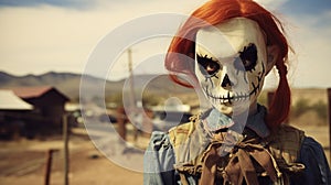 Creepy red hair scarecrow with horribly ugly face in abandoned ghost town - generative AI