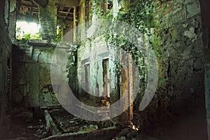 Creepy ruined and overgrown by plants interior of old mansion. Life after humanity post-apocalyptic concept