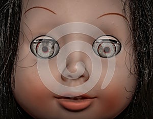 Creepy scary old vintage doll face with black hair smiling