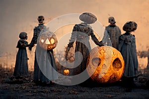 Creepy silhouette of unknown people with pumpkins in the graveyard