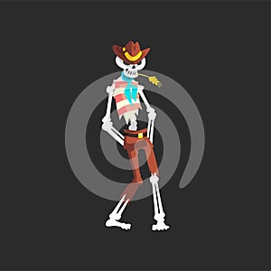 Creepy skeleton cowboy character wearing hat, vest and trousers vector Illustration