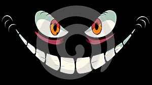 Creepy smile cartoon face, red eyes menacing grin. Scary Cheshire Cat impression dark background