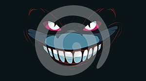 Creepy smile cartoon face, red eyes menacing grin. Scary Cheshire Cat impression dark background