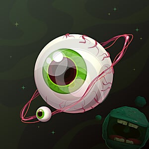 Creepy space concept. Fantasy Eye planet on cosmic background.