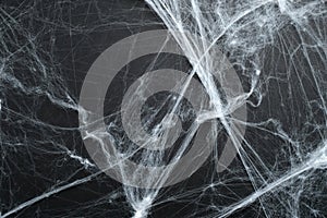 Creepy spider webs on black background. Happy halloween holiday concept