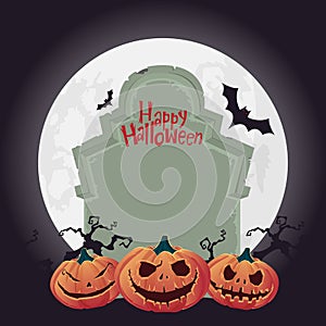 Creepy tombstone and scary Halloween pumpkin. Vector