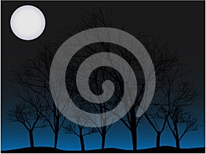 Creepy trees under full moon vector background