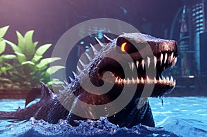 Creepy water monster. Big scary creature in pond. Generative AI.