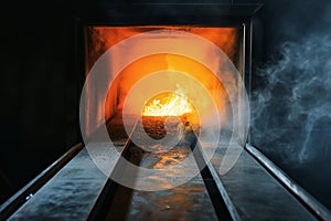 A cremation in a crematorium with a lot of fire
