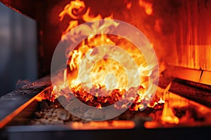 A cremation in a crematorium with a lot of fire