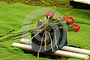 Cremation urn for burial with red roses photo
