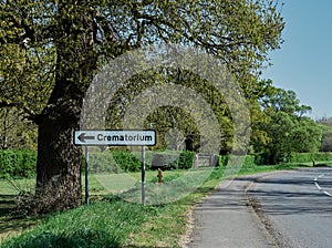 Crematorium road sign on the road