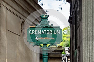 Crematorium sign in Pere Lachaise Cemetery - Paris, France