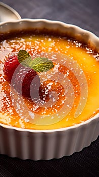 Creme brulee dessert. A Close-up with selective focus.