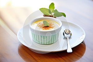 creme brulee with mint leaf garnish