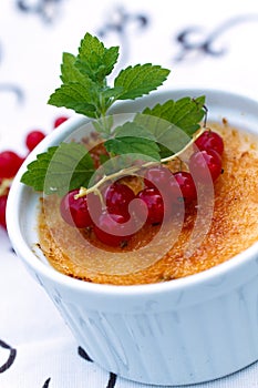 Creme Brulee with red Currants, on White