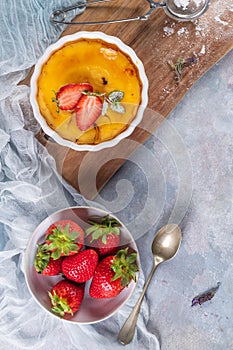 Creme brulee - traditional french vanilla cream dessert with caramelised sugar on top. Leite creme, portuguese desert