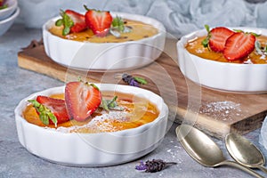 Creme brulee - traditional french vanilla cream dessert with caramelised sugar on top. Leite creme, portuguese desert