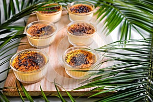 Creme brulee on wooden tray decorated with palm leaves. Traditional French vanilla cream dessert with caramelised sugar on top.