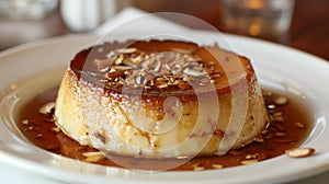 Creme caramel with almonds on a white plate, close-up. photo