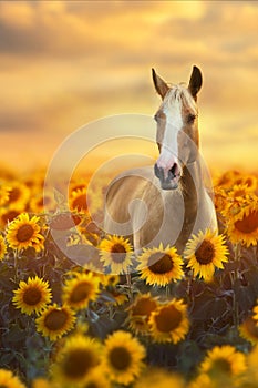 Cremello horse portrait in sunflowers