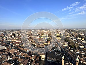 Cremona panorama of the cities seen from the Torrazzo tower at sunset photo