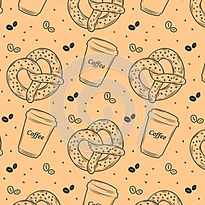 Crendel and cup of coffee background vector seamless patternt vector illustration for print wap paper or wallpaper for bakery or c