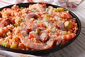 Creole food: jambalaya close-up on a plate. horizontal