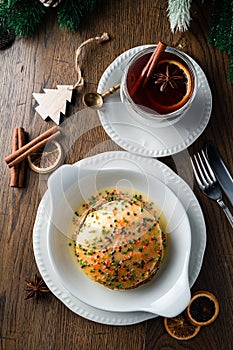 Crep for Christmas and New Year. Christmas pancakes with caviar as New Year. Festive decor of the table for Christmas photo