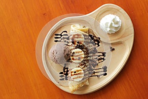 Crepe with banana and chocolate ice cream