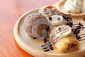 Crepe with banana and chocolate ice cream