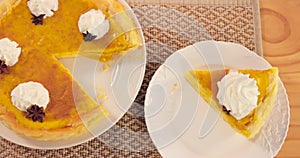 Crepe cake, pastry and slice on table with cream for party event or festive holiday from above view. Pancake, delicious
